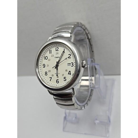 Timex T2P015 Camper Indiglo 37mm Quartz White Dial Date Silver Tone New Battery - Picture 2 of 13